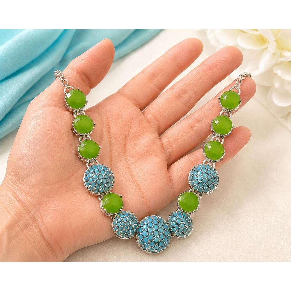 Liz Claiborne Blue Green Statement Necklace 
Silver Tone Bubble Disc Necklace - Picture 7 of 11